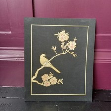 Chinese Wheat Straw cutting bird and blossom Picture on black silk 30x25cm