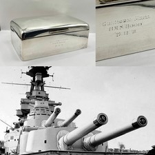 Superb Large Antique Solid Silver HMS Hood Gunroom Mess Cigarette Box & Photo