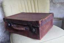 Very old leather  Small Suitcase Vanity case 16x11x5.5" - working locks - no key