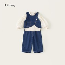 Girl Spring Fall Denim Three Piece Suit With Bowknot For Kids Age 3 To 8