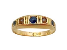 Antique Victorian 15ct Yellow Gold Blue Sapphire & Seed Pearl Gypsy Ring - 5.5
