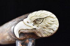 Vintage 34 in Carved Walking Stick Cane Eagle Head Handle Deer Antler Tip