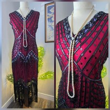 Flapper 1920s Gatsby Downton Sequin Beaded Fringe Christmas Party Dress Size 14