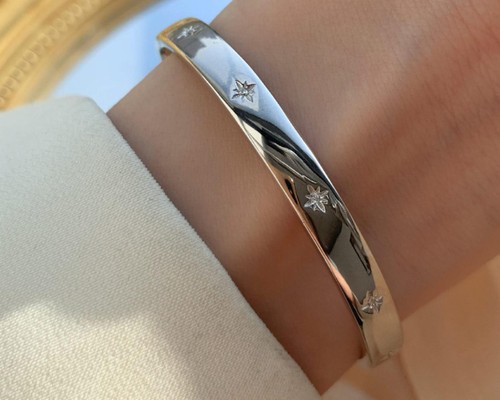 Chunky silver bangle crystal - silver,