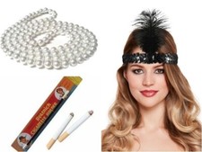 Roaring 20's Charleston Flapper Set Headband Feather  Cig Holder beads