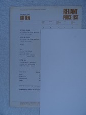 Reliant UK Price List 1981 - Kitten - DL Saloon.Estate.Van. Includes options.