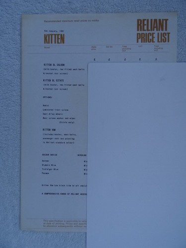 Reliant price list - uk, 1981
