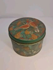 Vintage  Green/Yellow Colored Round Tin Storage Box - Pears and Pigeons ~ 11 cm