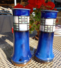 Pair Royal Doulton Art Deco Stoneware Vases Jane Hurst? Rare 10" X 4.25" Widest