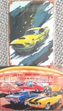2 x RETRO ART FORD MUSTANG + DRIVE IN METAL WALL SIGNS 14 x 20 cm VERY NICE NEW!