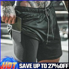 Men's 2 in 1 Sports Running Shorts Gym Training Fitness Bottoms With Pockets UK