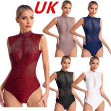 Womens Glitter Rhinestone Rhythmic Gymnastics Sleeveless Ballet Dance Leotard 