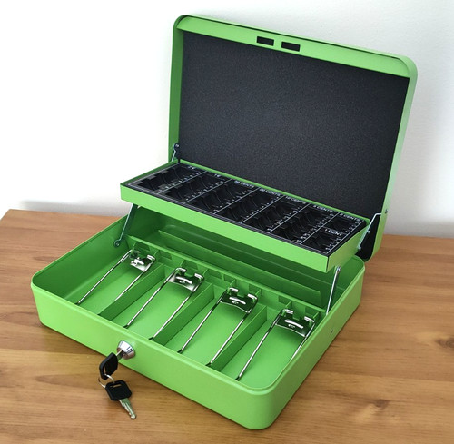 Green metal cash box - cash, with