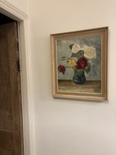 Vintage Oil Still Life Painting Of Roses In A Vase. Antique Style. Portrait.