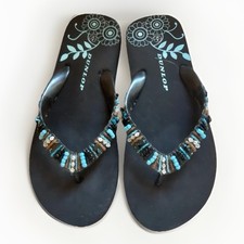 DUNLOP Ladies Blue Turquoise Bronze Beaded Flip Flops Size 4