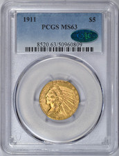 1911 $5 GOLD INDIAN PCGS MS63