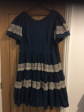 VINTAGE BETTINA OF MIAMI DRESS, SQUARE DANCE, SIZE 22, BLUE W/LACE TRIM, OK COND