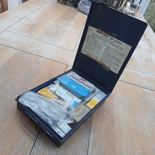 Old used blue tin boots - in,