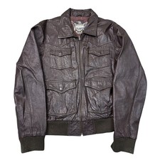 River Island Leather Bomber Jacket Biker Utility Retro Y2K Brown Mens Large