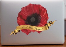 Red Poppy gold banner "lest we