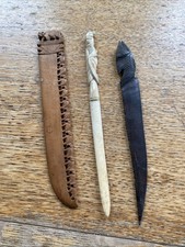 Vintage Hand Carved Dark Wood Bone Fish Elephant Chinese Letter Openers x 3 