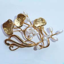 Art Nouveau Style Vintage Brooch Gold Water Lily Leaves with Rice Pearls Signed