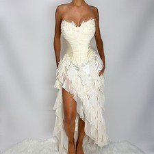 Vintage Ivory Corset Lace Gown Cascading Ruffle Y2K Dress