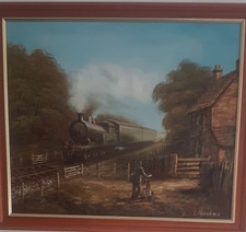 Oil on canvas painting of SteamTrain and postman in rustic setting by L Mitchell