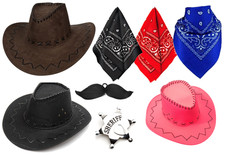 COWBOY FANCY DRESS COSTUME PICK AND CHOOSE HAT MOUSTACH BANDANA SHERIFF WEST LOT