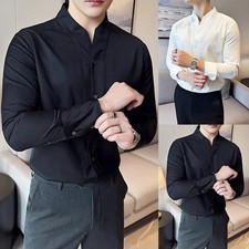 Mens Stand Collar Shirt Chinese Style Long Sleeve Slim Fit for Social Events