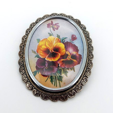 Vintage Floral Brooch Metal Framed Badge Flowers Painting TLM Made In England
