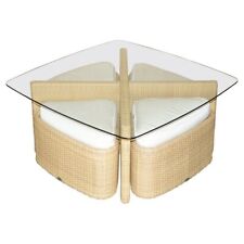 EXPENSIVE GLOSTER GARDEN TABLE & STOOL SET ON WHEELS GLASS & WICKER