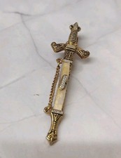 Vintage Faux Damascene Gold Tone Ornate Sword Tie Clip 2.5ins Preloved Good