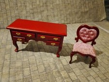 Dolls House Desk / Dressing Table w Drawers & Pink Heart Back Chair Set Bedroom