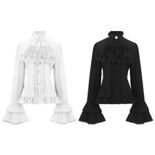 Women Medieval Ruffle Blouse Steampunk Victorian Flare Sleeve Stand Collar Shirt