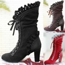 Womens Retro Gothic Lace Up Boots Block High Heel Mid Calf Boots Casual Shoes