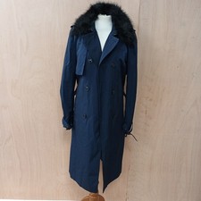 Laura Ashley Dark Blue Long Lined Belted Trench Coat Detachable Faux Fur Collar