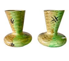 Myott Art Deco 2 x matching vases abstract vibrant green, yellow, brown c.1930s