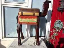 LARGE VINTAGE HAND CARVED WOODEN CAMEL STOOL BENCH with PADDED LEATHER SEAT