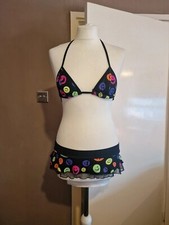 Neon multicoloured smiley face UV rave club dance wear bikini bra top skirt - S