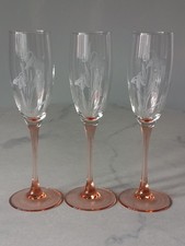Set Of 3 Vintage French Pink Stem Floral Etched Wine Glasses/Flutes