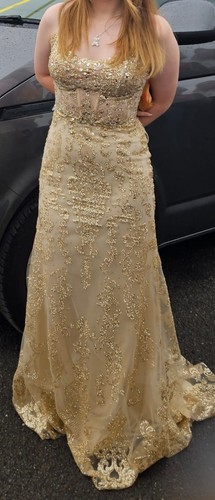 Gold applique prom evening - gold,