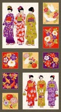  Kimono Japanese Geisha Fans Cranes Koi Flowers Cotton Quilting Panel Fabric 