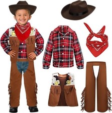 Cowboy Costume Set for Kids, Brown Waistcoat with Fringe, Plaid Shirt, Chaps NEW