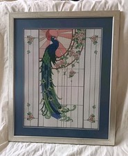 Large Art Deco Rennie Macintosh Style Peacock Cross-Stitch With Beading Framed