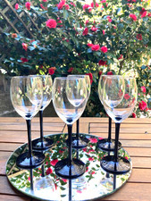 Set 6 Vintage Hand Blown Lumincar French Black Stem Wine Glasses height 20cms