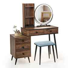 Dressing Table Vanity Set Makeup Stool LED Light 3-Drawer Chest Storage-Coffee