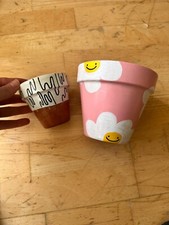 2x Painted Terracotta Planters Pots Small & Medium Size Set Used Drainage Hole