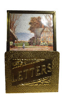 Vintage Brass Letter Holder Wall Organizer Wood Plaque with Farm Village Scene