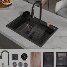 MEJE 68x45 cm Upgrade 304 Stainless Steel Waterfall Kitchen Sink, Faucet Pullout